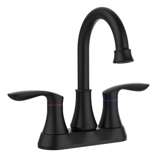 GELE Bathroom Faucet Matt Black with Pop-up Drain & Supply Hoses 2-Handle 360 Degree High Arc Swivel Spout Centerset 4 Inch Vanity Sink Faucet 4011B-MB