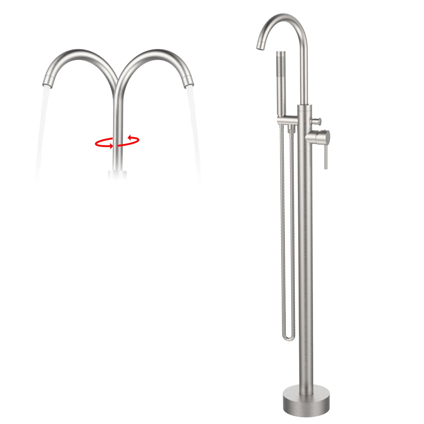 GELE Floor Mount Bathtub Faucet Brushed Nickel Freestanding Tub Filler Bathtub Faucets with Hand Shower Standing High Flow Shower 360° Swivel Spout Faucets Bathroom Tub Faucets