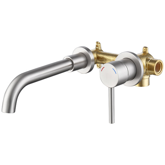 GELE Wall Mount Bathtub Faucet Brushed Nickel 360 Degree Bathroom Wall Mounted Tub Faucets with Brass Rough in Valve High Flow Tub Filler Extra Long Spout Reach