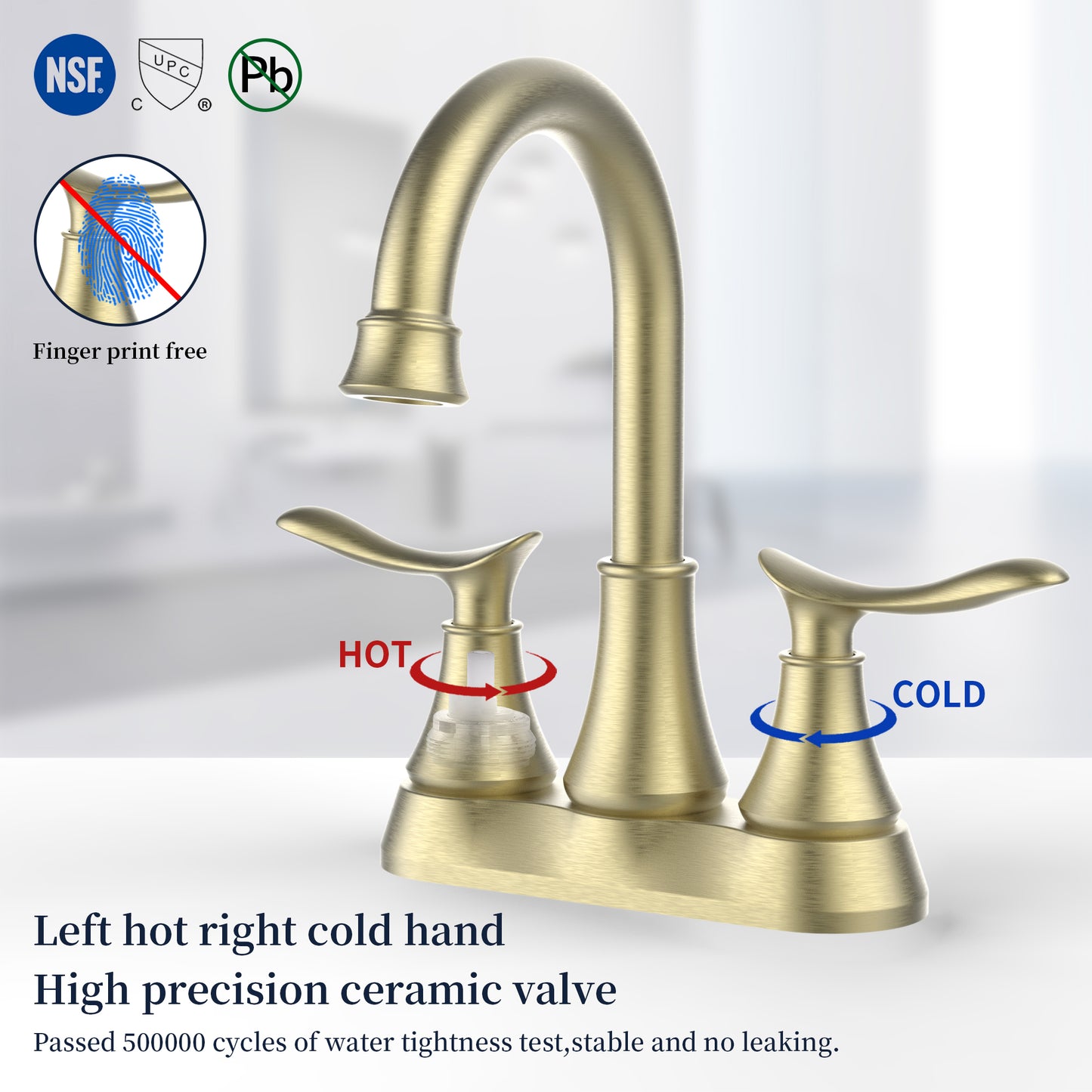 GELE Bathroom Faucet Brushed Gold with Pop-up Drain & Supply Hoses 2-Handle 360 Degree High Arc Swivel Spout Centerset 4 Inch Vanity Sink Faucet 4011B-NA