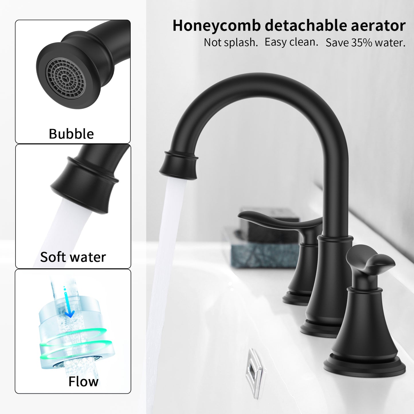 GELE 2-Handle 8 inch Widespread Bathroom Sink Faucet Matt Black Lavatory Faucet 3 Hole 360° Swivel Spout Vanity Sink Basin Faucets 3007B-MB