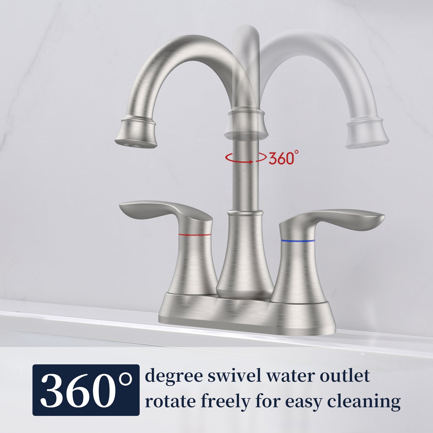 GELE Bathroom Faucet Brushed Nickel with Pop-up Drain & Supply Hoses 2-Handle 360 Degree High Arc Swivel Spout Centerset 4 Inch Vanity Sink Faucet 4011B-NP