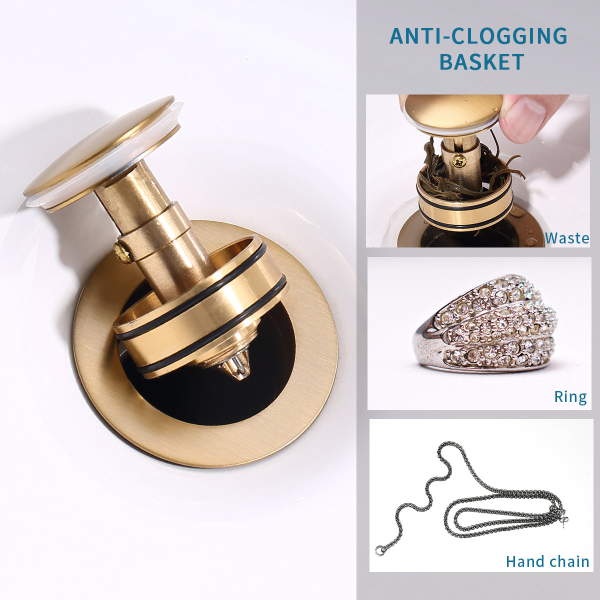 GELE Pop-Up Drain Stainless Steel With Overflow Anti-Clogging for Vessel Sink Lavatory Vanity Sink Drain with Strainer Basket, Brushed Gold