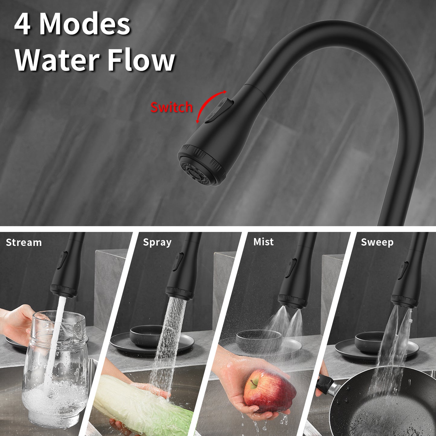 GELE Kitchen Faucet with Pull Down Sprayer and 4 Spraying Modes Matt Black Commercial 1 or 3 Hole Kitchen Faucets for Farmhouse Rv Bar Sinks 1024-BH