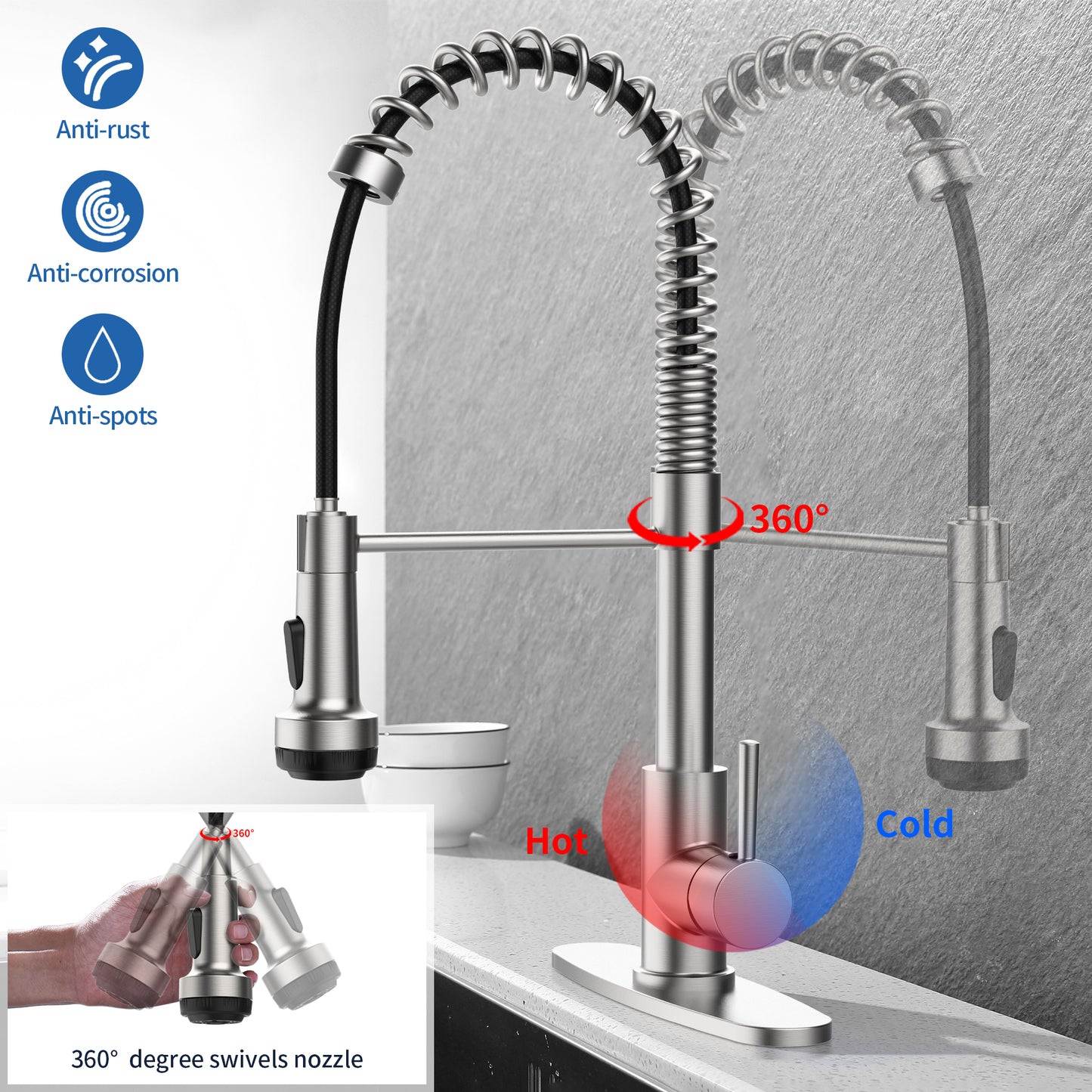 GELE Kitchen Faucet with Pull Down Sprayer and 4 Spraying Modes Single Handle Commercial Spring Kitchen Sink Faucet Brushed Nickel 1 or 3 Hole Kitchen Faucets 1024NP