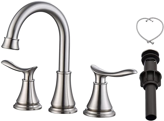 GELE 2-Handle 8 inch Widespread Bathroom Sink Faucet Brushed Nickel Lavatory Faucet 3 Hole 360° Swivel Spout Vanity Sink Basin Faucets with Pop Up Drain Assembly and cUPC Water Supply Hoses 3007B-NP