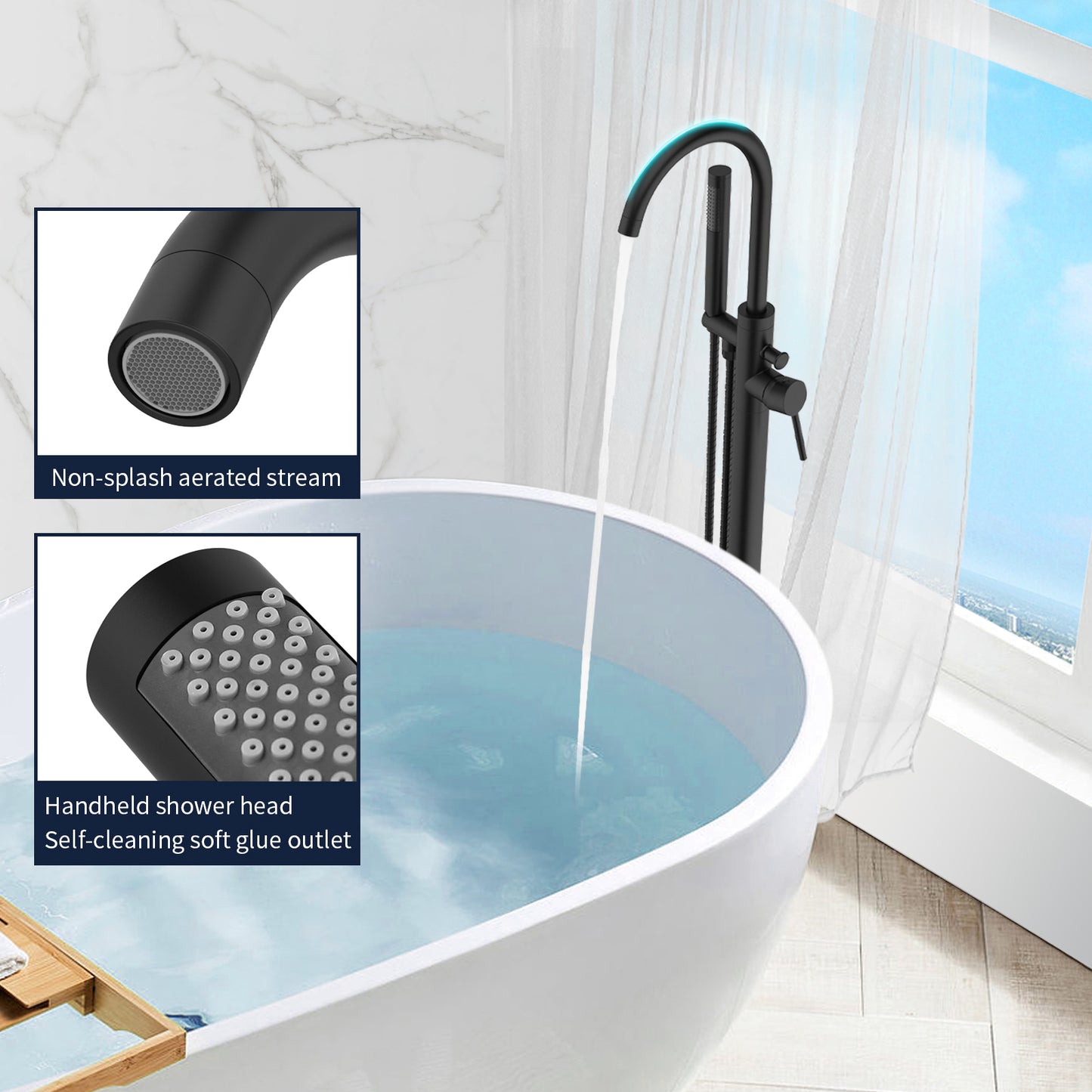 GELE Floor Mount Bathtub Faucet Matte Black Freestanding Tub Filler Bathtub Faucets with Hand Shower Standing High Flow Shower Faucets 360° Swivel Spout Bathroom Tub Faucets