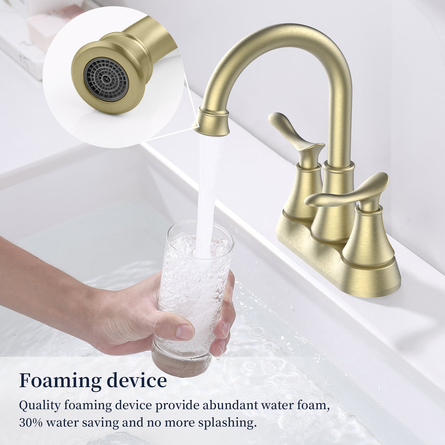 GELE Bathroom Faucet Brushed Gold with Pop-up Drain & Supply Hoses 2-Handle 360 Degree High Arc Swivel Spout Centerset 4 Inch Vanity Sink Faucet 4011B-NA