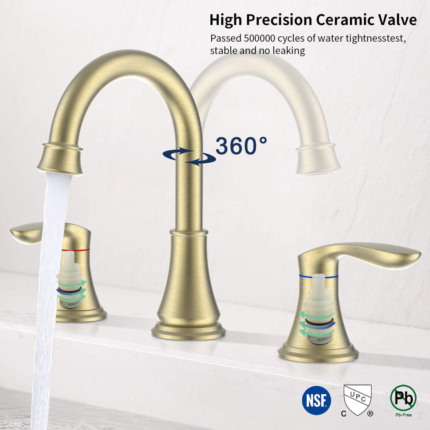 GELE 2-Handle 8 inch Widespread Bathroom Sink Faucet Brushed Gold Lavatory Faucet 3 Hole 360° Swivel Spout Vanity Sink Basin Faucets 3008B-NA