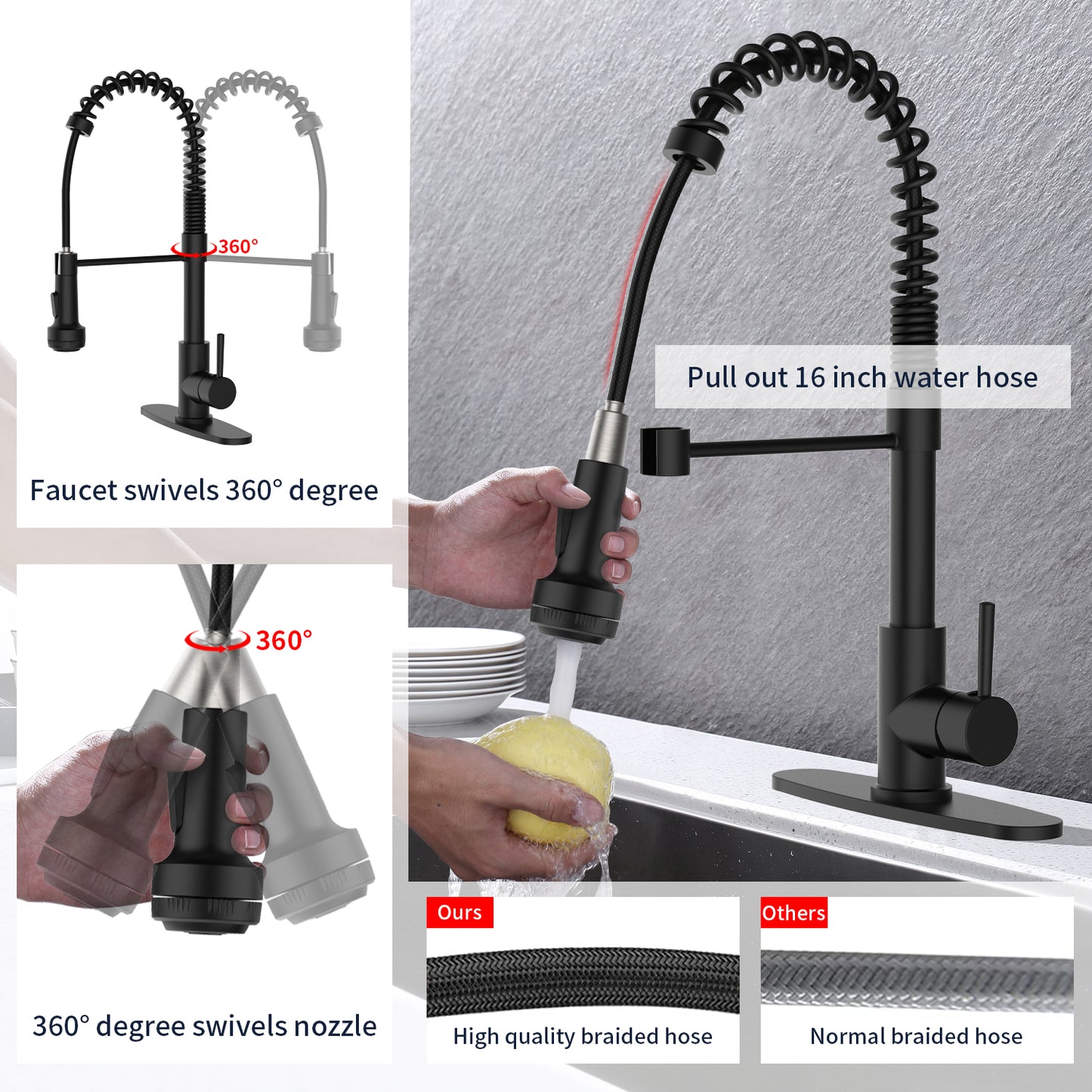 GELE Kitchen Faucet with Pull Down Sprayer and 4 Spraying Modes Single Handle Commercial Spring Kitchen Sink Faucet Matt Black 1 or 3 Hole Kitchen Faucets 1025-BH