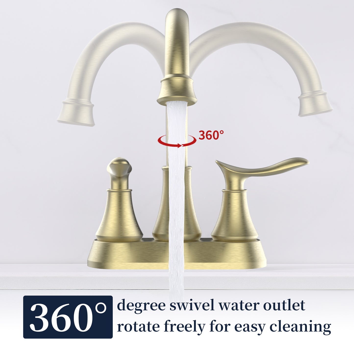 GELE Bathroom Faucet Brushed Gold with Pop-up Drain & Supply Hoses 2-Handle 360 Degree High Arc Swivel Spout Centerset 4 Inch Vanity Sink Faucet 4011B-NA