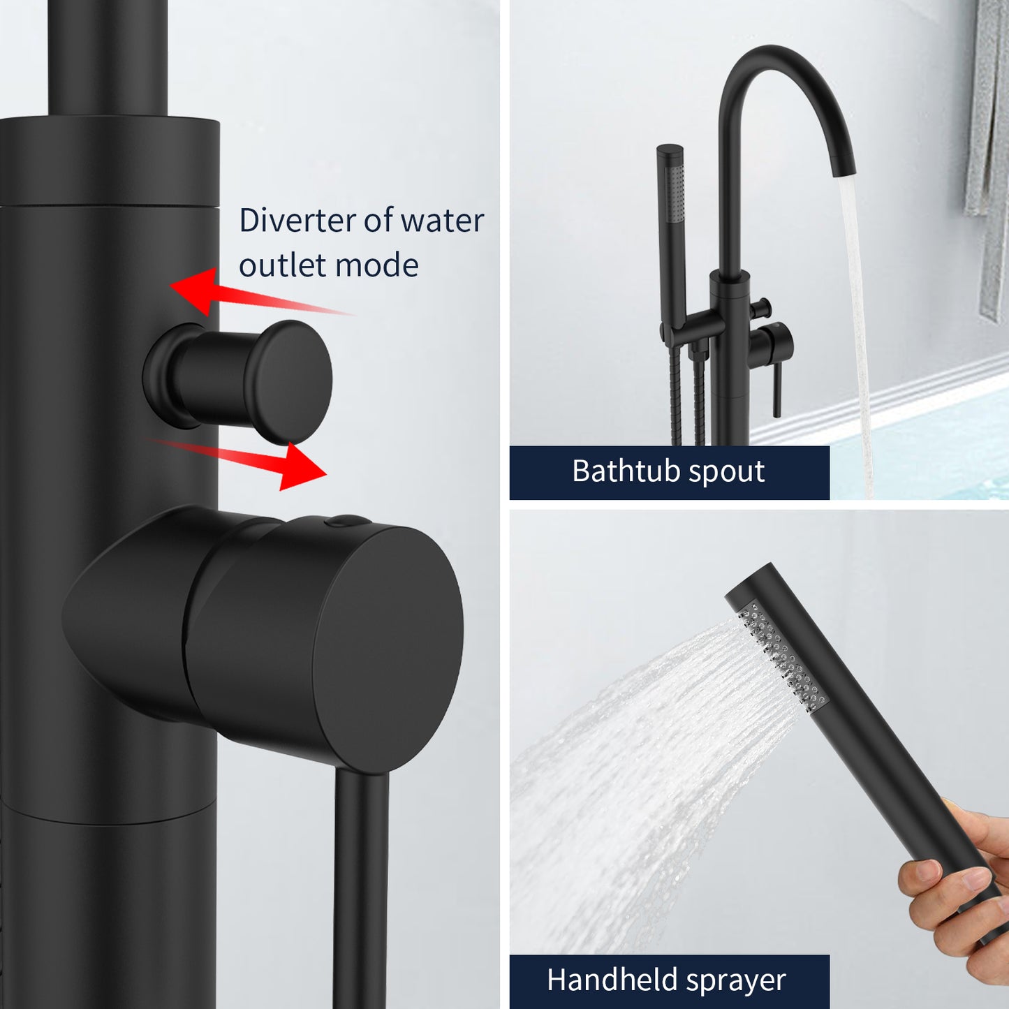 GELE Floor Mount Bathtub Faucet Matte Black Freestanding Tub Filler Bathtub Faucets with Hand Shower Standing High Flow Shower Faucets 360° Swivel Spout Bathroom Tub Faucets