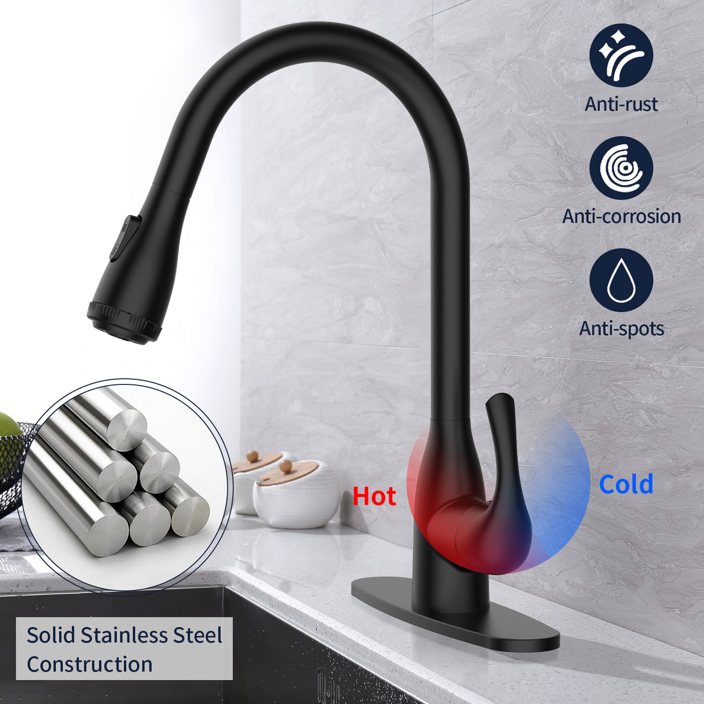 GELE Kitchen Faucet with Pull Down Sprayer and 4 Spraying Modes Matt Black Commercial 1 or 3 Hole Kitchen Faucets for Farmhouse Rv Bar Sinks 1024-BH