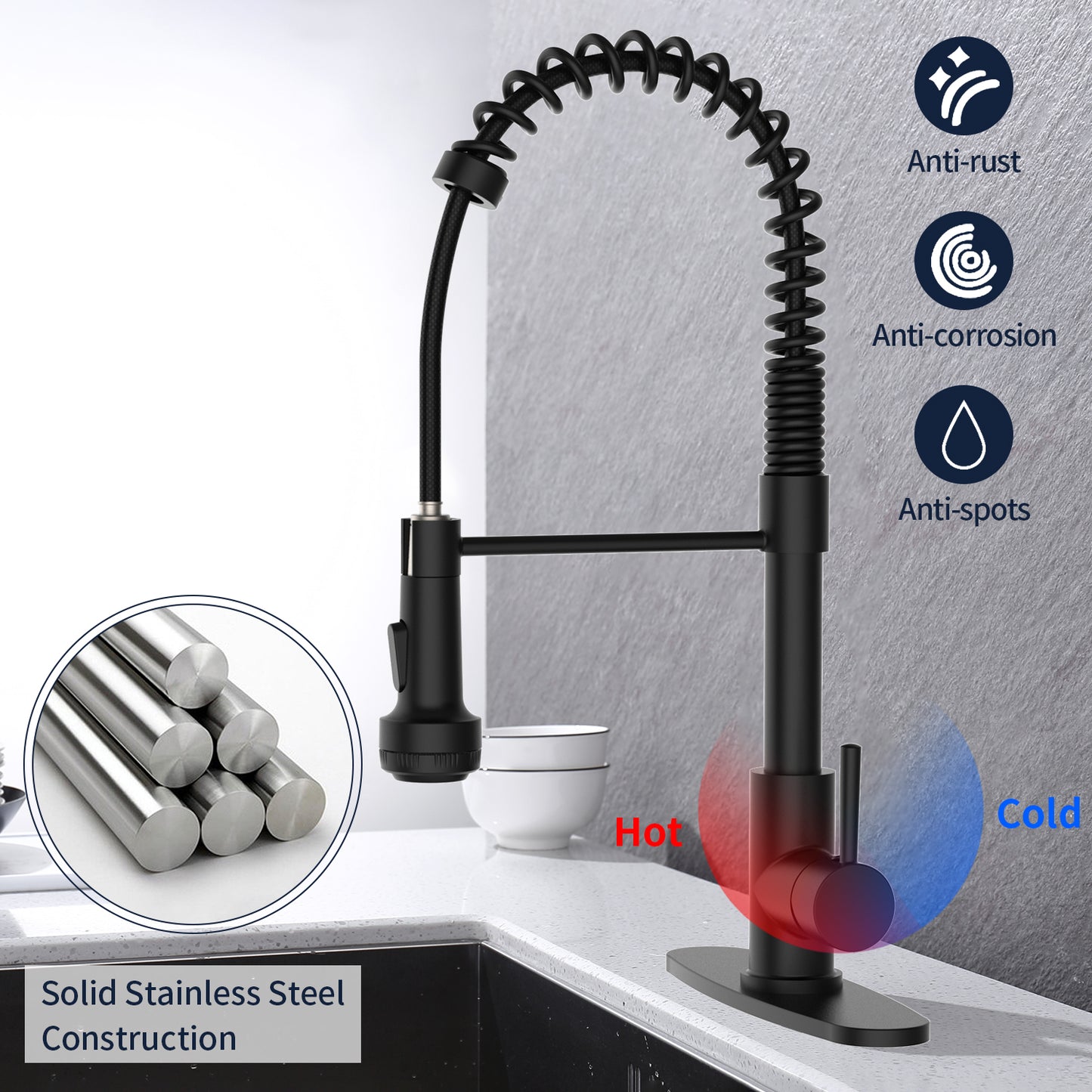 GELE Kitchen Faucet with Pull Down Sprayer and 4 Spraying Modes Single Handle Commercial Spring Kitchen Sink Faucet Matt Black 1 or 3 Hole Kitchen Faucets 1025-BH