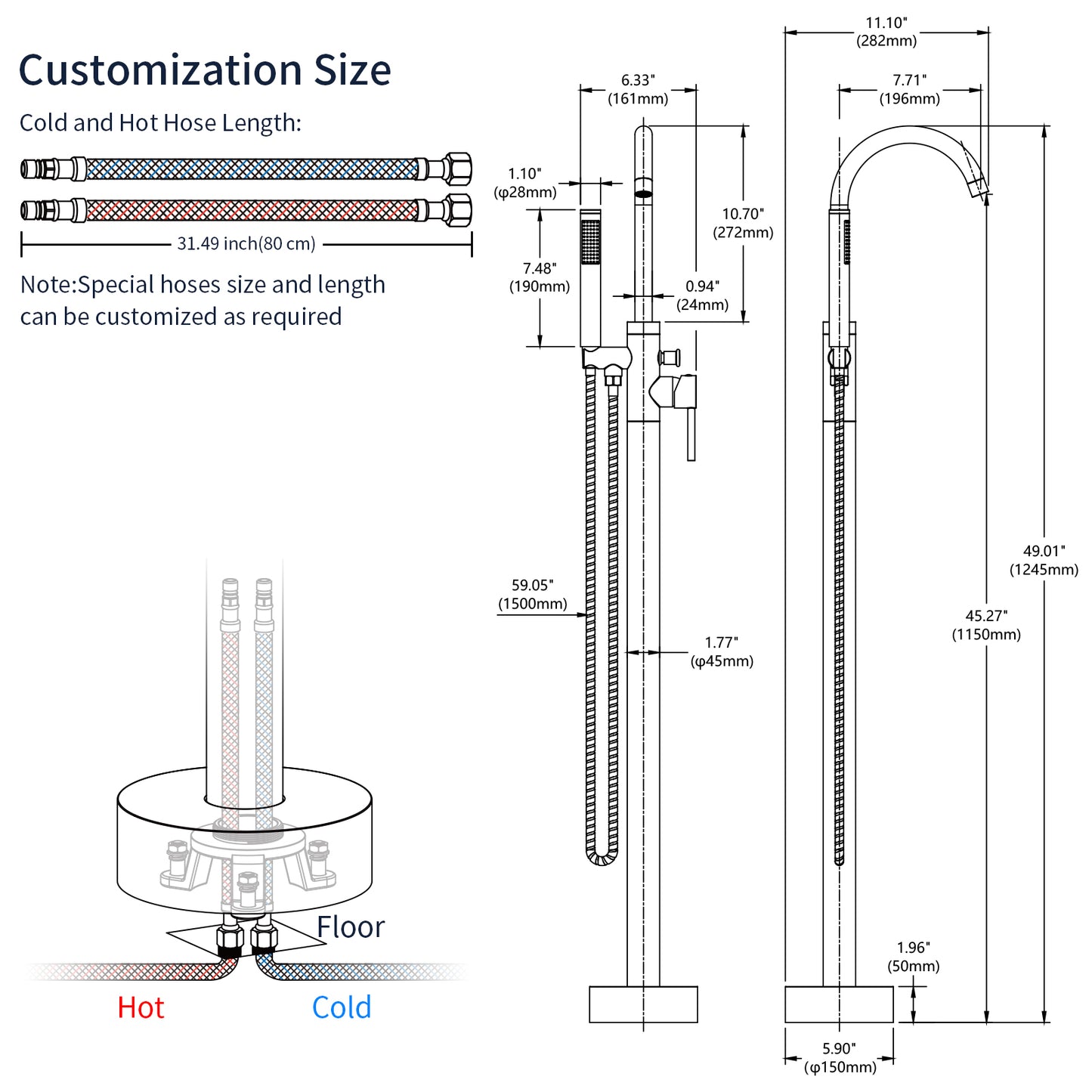 GELE Floor Mount Bathtub Faucet Brushed Nickel Freestanding Tub Filler Bathtub Faucets with Hand Shower Standing High Flow Shower 360° Swivel Spout Faucets Bathroom Tub Faucets