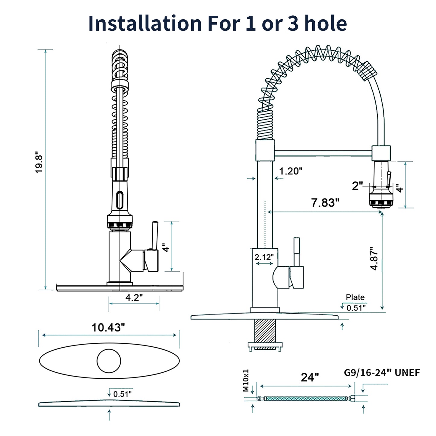 GELE Kitchen Faucet with Pull Down Sprayer and 4 Spraying Modes Single Handle Commercial Spring Kitchen Sink Faucet Brushed Nickel 1 or 3 Hole Kitchen Faucets 1024NP