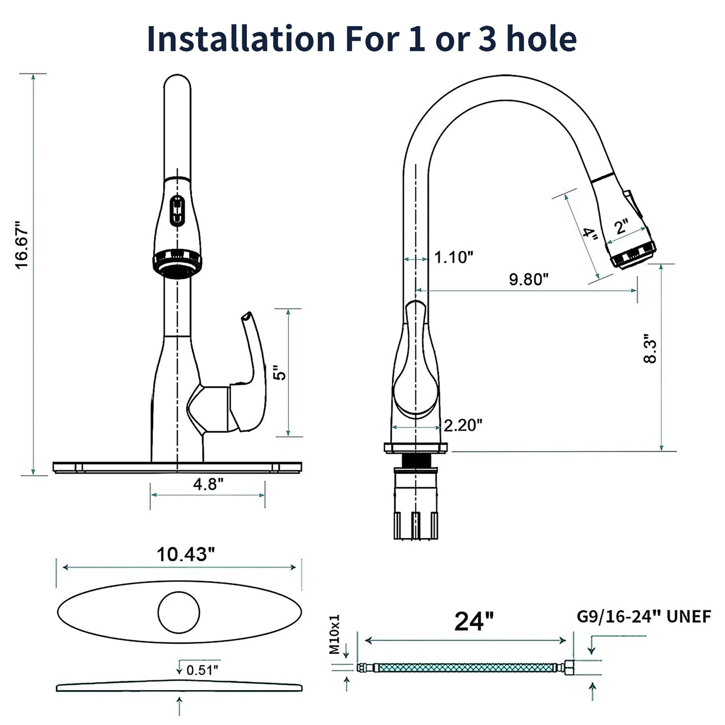 GELE Kitchen Faucet with Pull Down Sprayer and 4 Spraying Modes Brushed Nickel Commercial 1 or 3 Hole Kitchen Faucets for Farmhouse Rv Bar Sinks 1024-NP